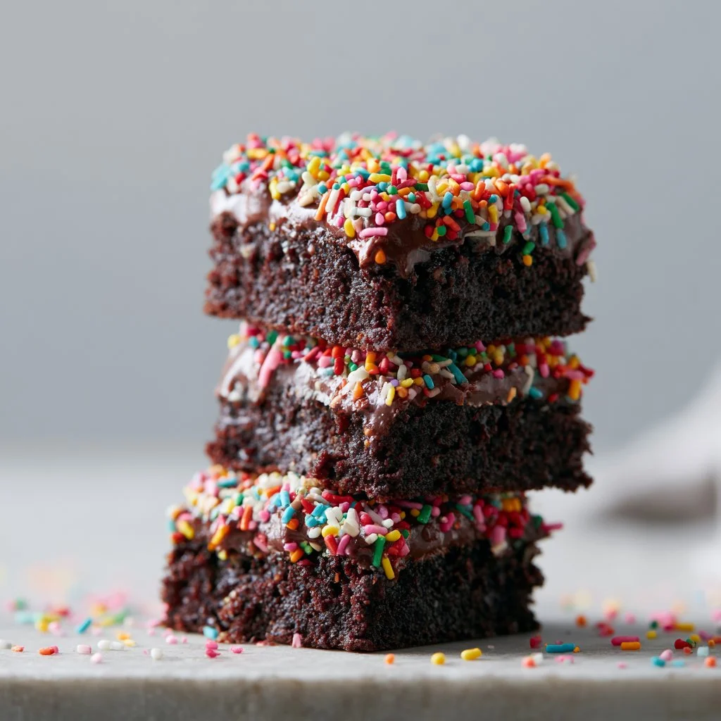 Delicious Cosmic Brownies topped with colorful sprinkles and fudge.