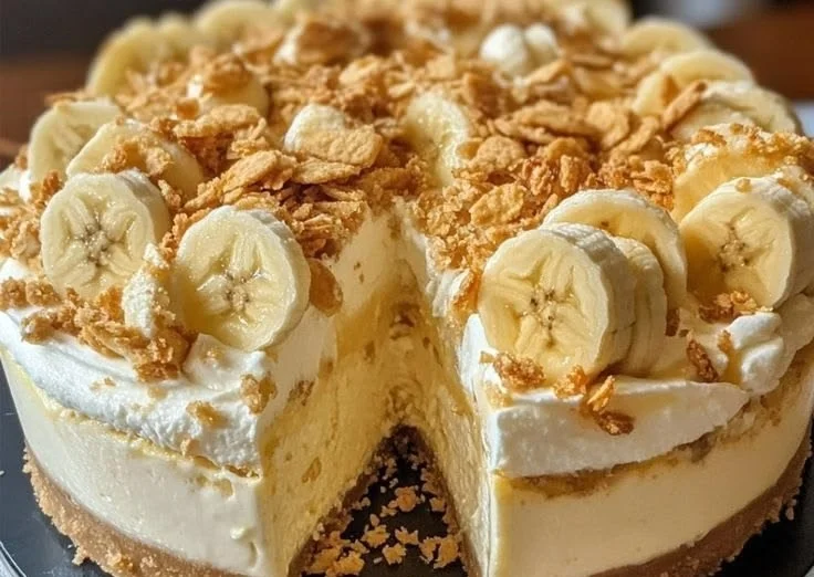 Creamy banana pudding crunch cheesecake topped with fresh bananas and whipped cream.