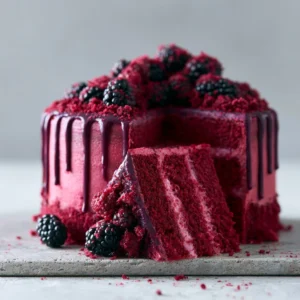 Slice of decadent Blackberry Velvet Cake with rich frosting and blackberries on top