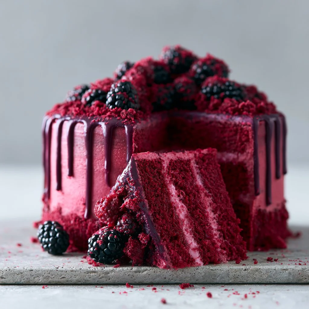 Slice of decadent Blackberry Velvet Cake with rich frosting and blackberries on top