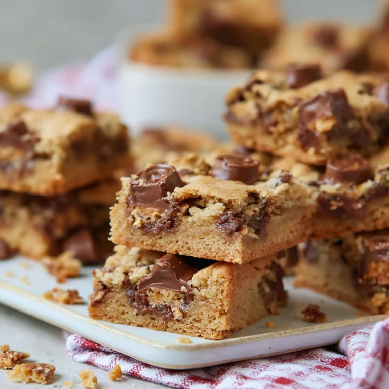 Delicious chocolate chip Rolo cookie bars stacked on a plate