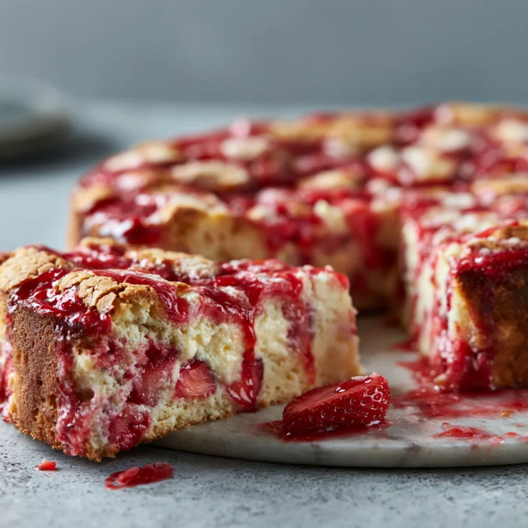 Deliciously rich Earthquake Cake topped with fresh strawberries