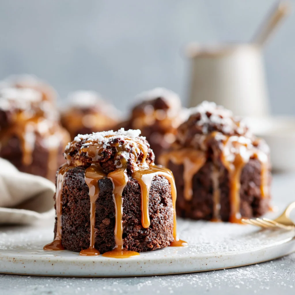 Delicious chocolate cake buns topped with caramel drizzle