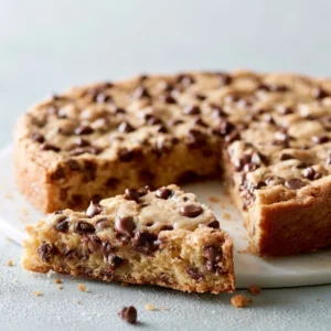 Slice of easy chocolate chip cookie cake topped with chocolate chips
