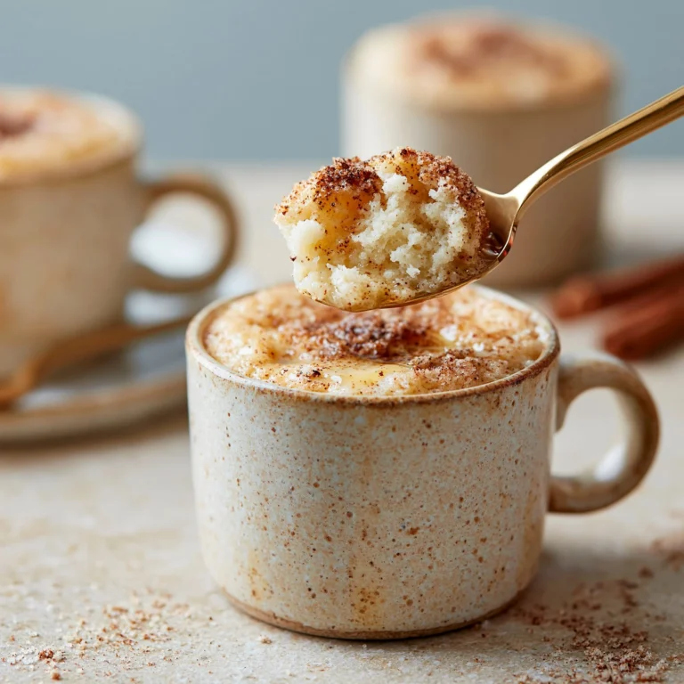 Delicious snickerdoodle mug cake topped with cinnamon sugar in a coffee mug.