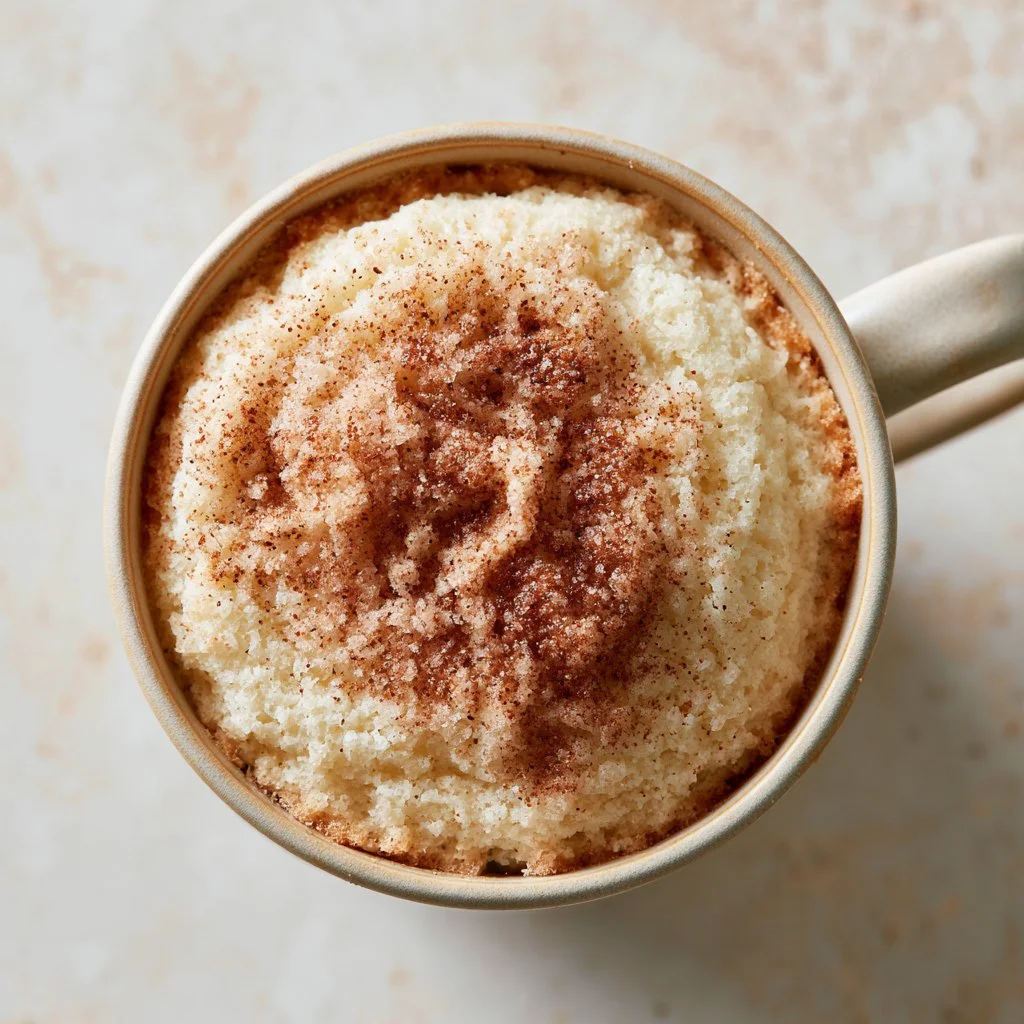 Delicious snickerdoodle mug cake topped with cinnamon and sugar in a mug