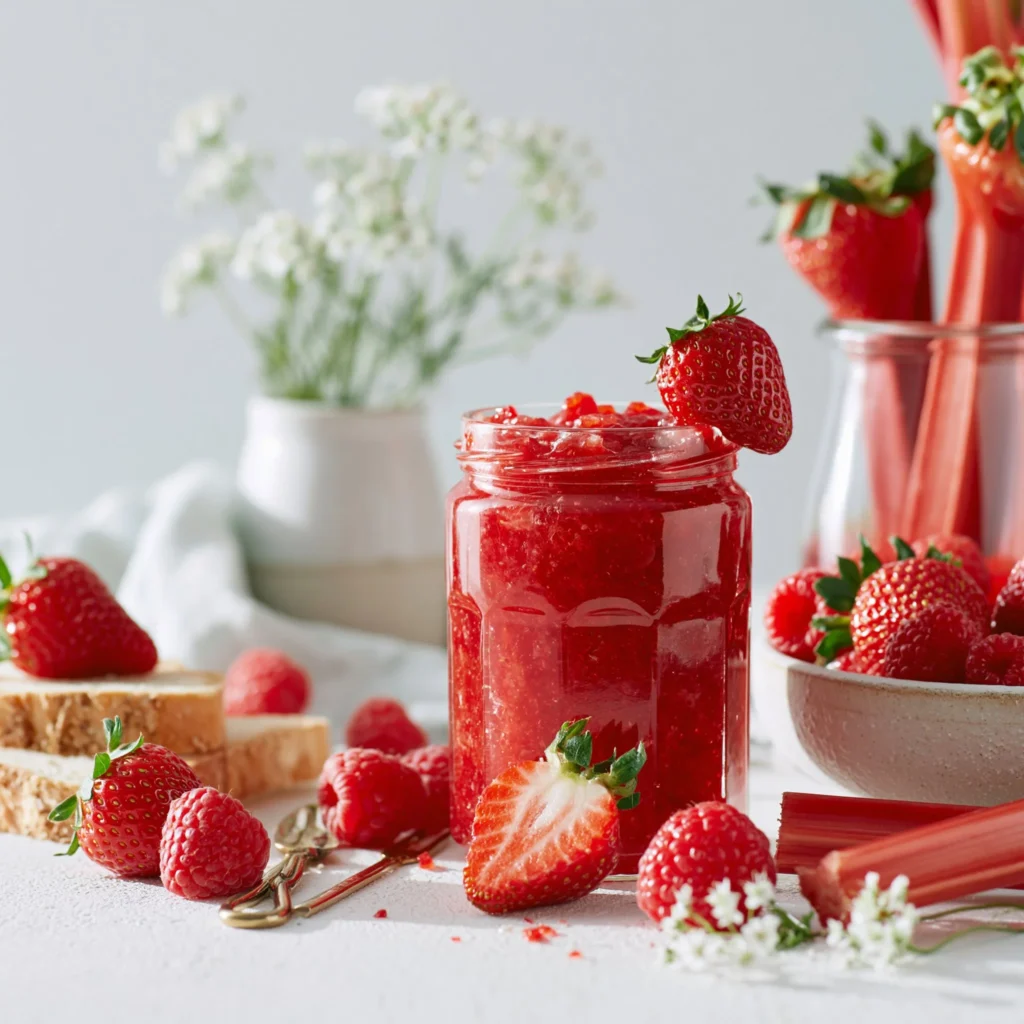 Jar of homemade strawberries and rhubarb jam on a wooden table