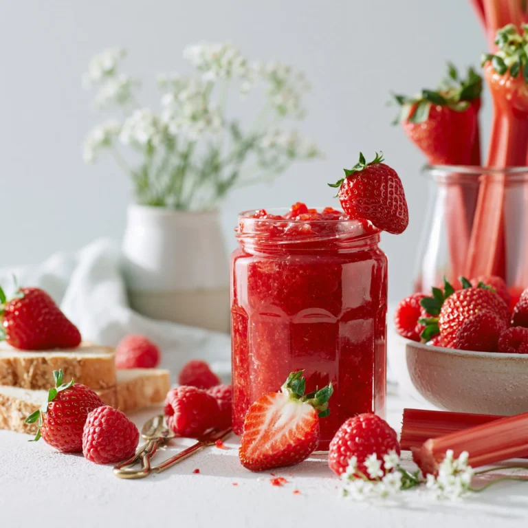 Jar of homemade strawberries and rhubarb jam on a wooden table