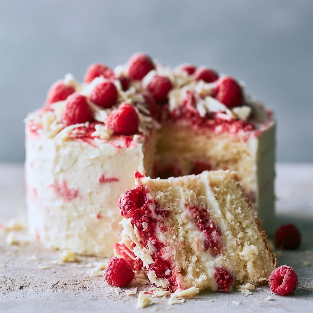 Slice of easy white chocolate raspberry cake on a decorative plate