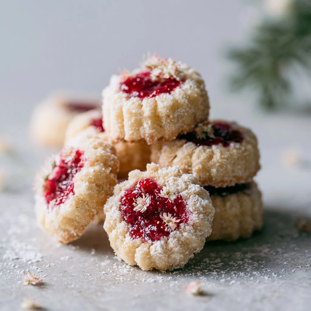 Delicious homemade flower jam thumbprint cookies with a sweet jam filling