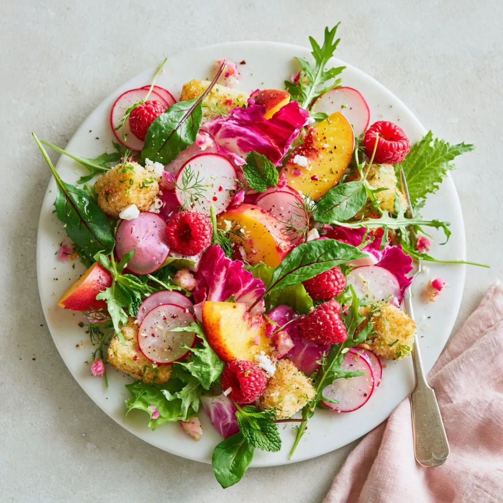 Fresh summer peach salad with vibrant fruits and greens