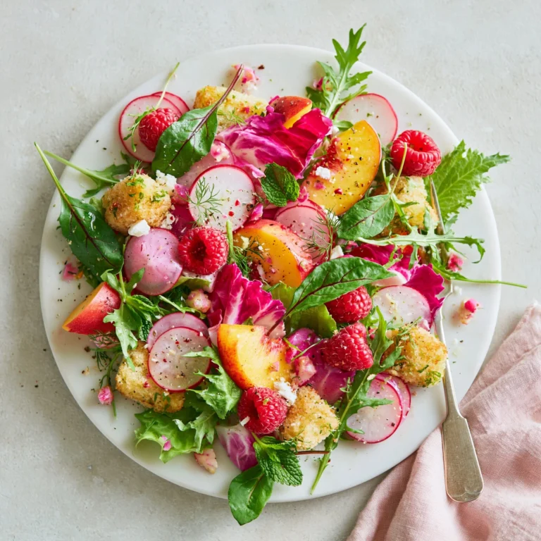 Fresh summer peach salad with vibrant fruits and greens