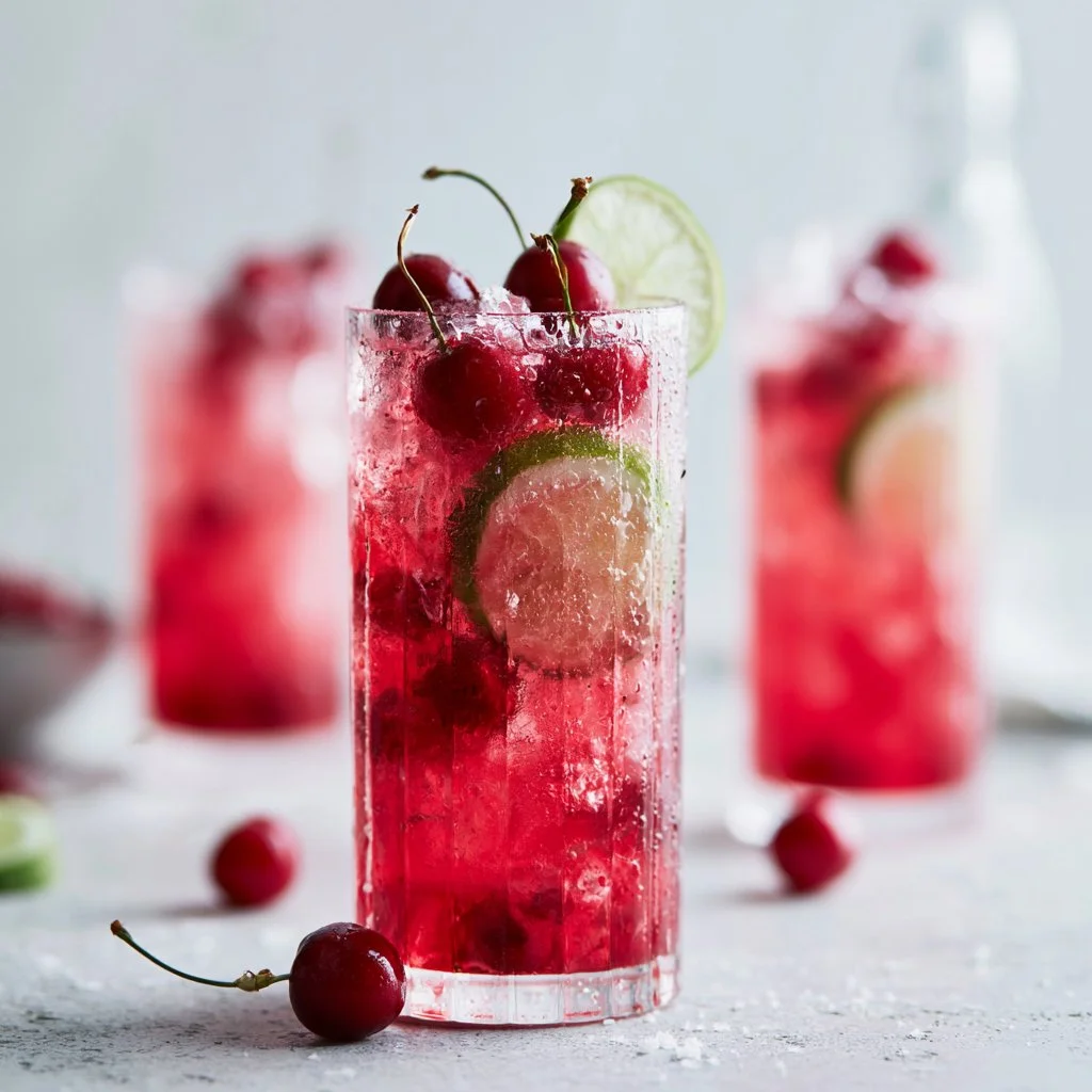 Homemade cherry limeade served in a glass with lime slices and cherries.