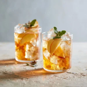 A refreshing glass of iced apple green tea garnished with apple slices