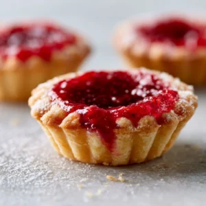 Freshly baked jam tarts with assorted fruit fillings on a rustic wooden table