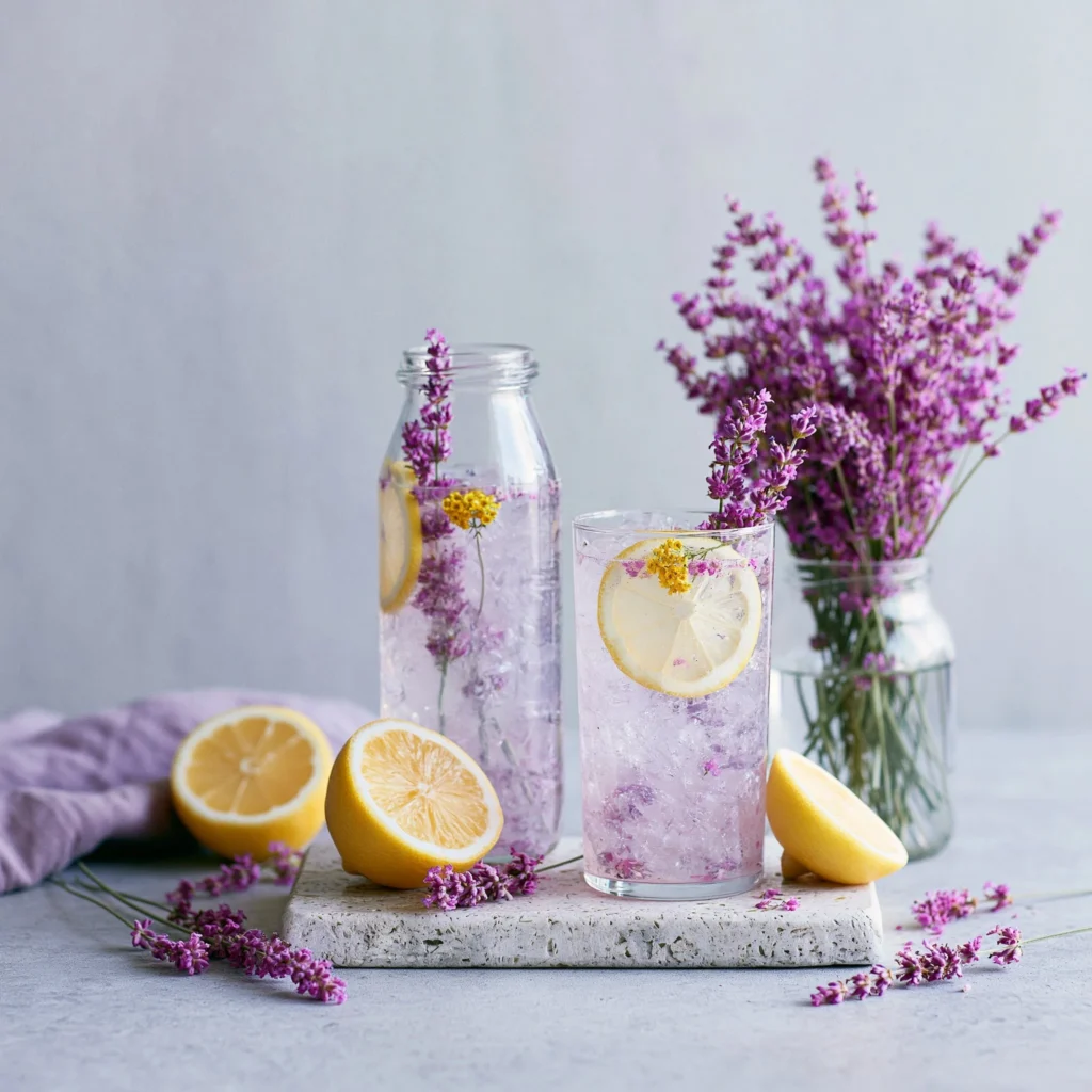A glass of lavender lemonade garnished with fresh lavender flowers