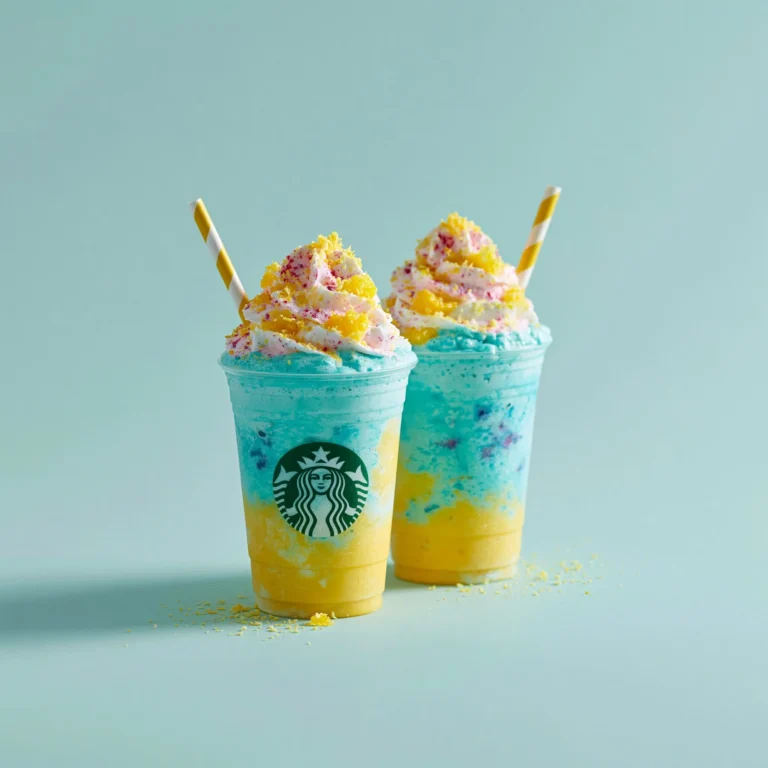 Mango Blue Raspberry Frappuccino topped with whipped cream and colorful straws