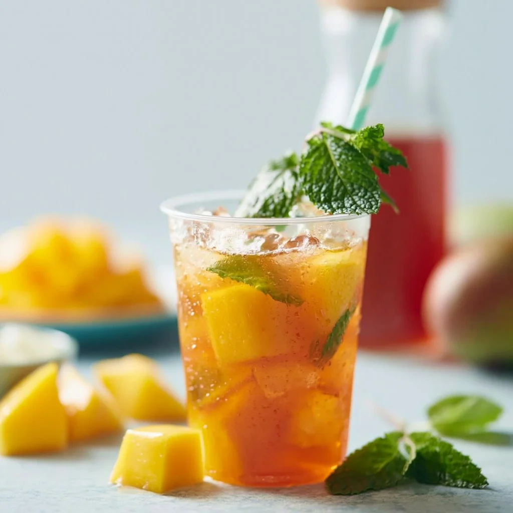 Chilled Mango Iced Tea served in a glass with a slice of mango and mint leaves