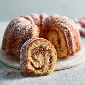 Moist Cinnamon Swirl Bundt Cake on a decorative plate