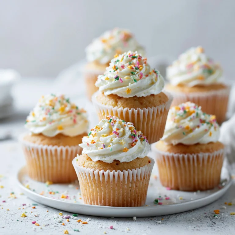 Moist vanilla cupcakes with creamy vanilla frosting on a serving plate