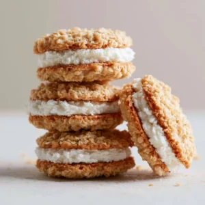 Homemade oatmeal cream pies featuring creamy filling between soft cookies