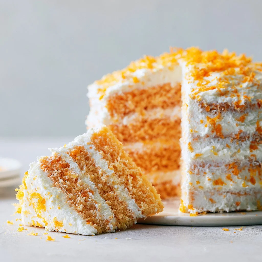 Delicious Orange Creamsicle Cake with creamy frosting and orange zest decorations