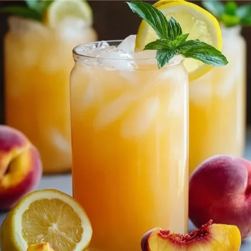 Freshly made Peach Lemonade in a glass with peaches and lemons