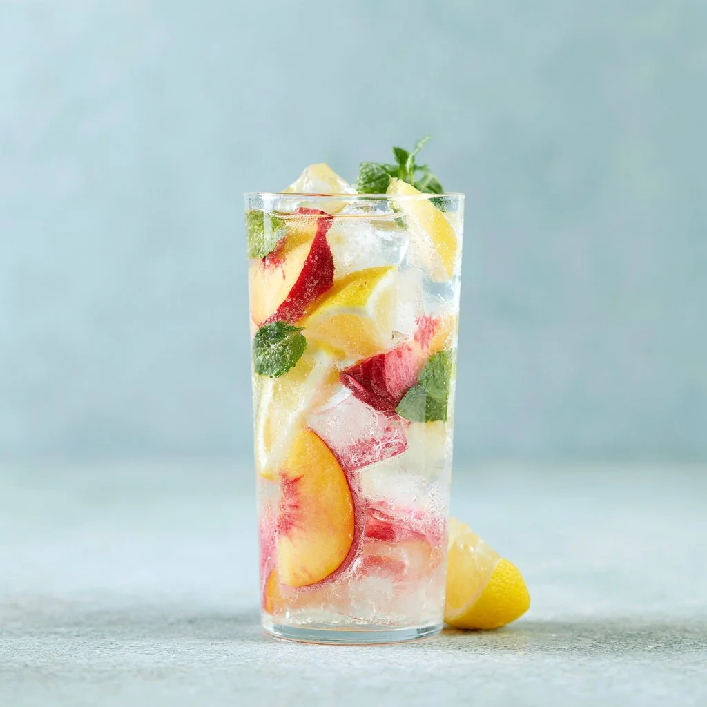 A refreshing glass of peach lemonade garnished with fresh peach slices and mint leaves.