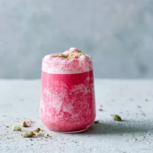 A vibrant cup of pink chai with spices, showcasing its rich color and texture.