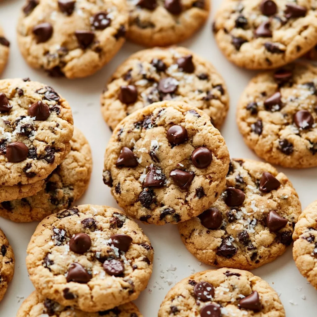 Batch of freshly baked chocolate chip cookies on a cooling rack