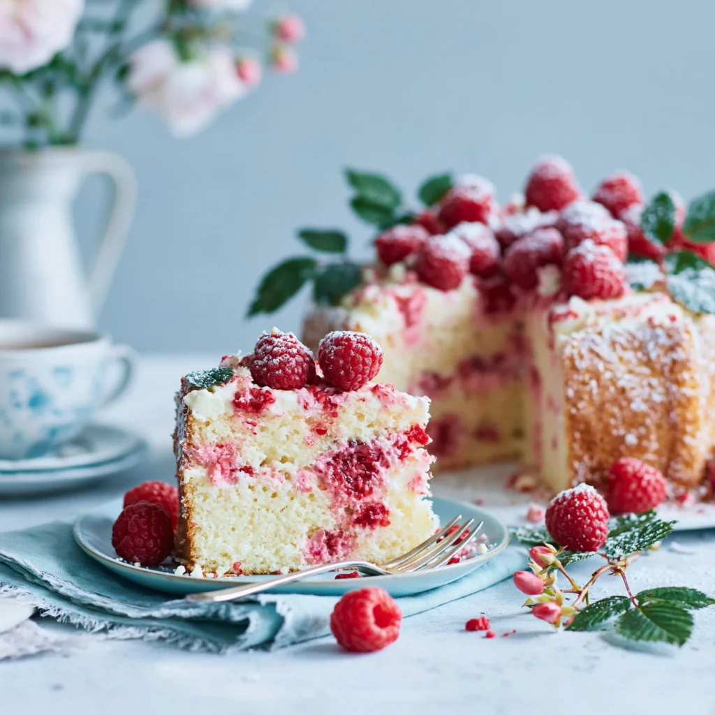 Delicious Raspberry White Chocolate Cake topped with fresh raspberries.