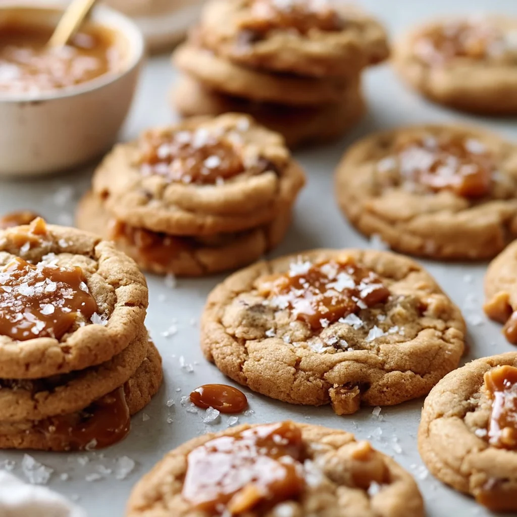 Chewy salted caramel cookies drizzled with chocolate and sea salt.