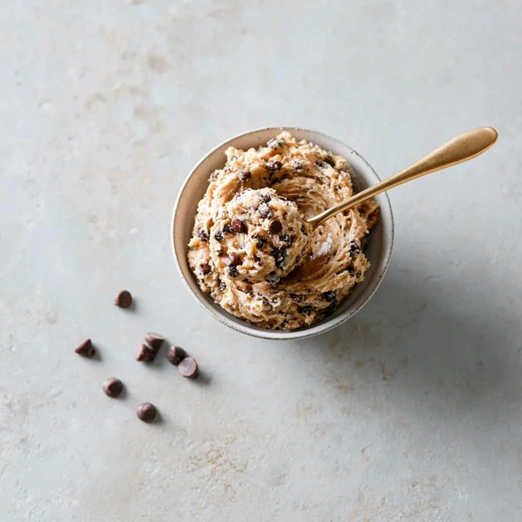 Single-serving no-bake edible cookie dough with chocolate chips.