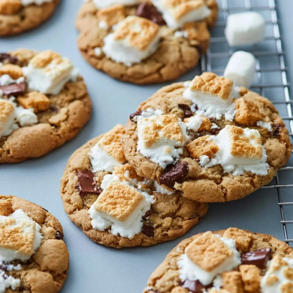 Delicious batch of homemade S'mores Cookies with chocolate and marshmallows