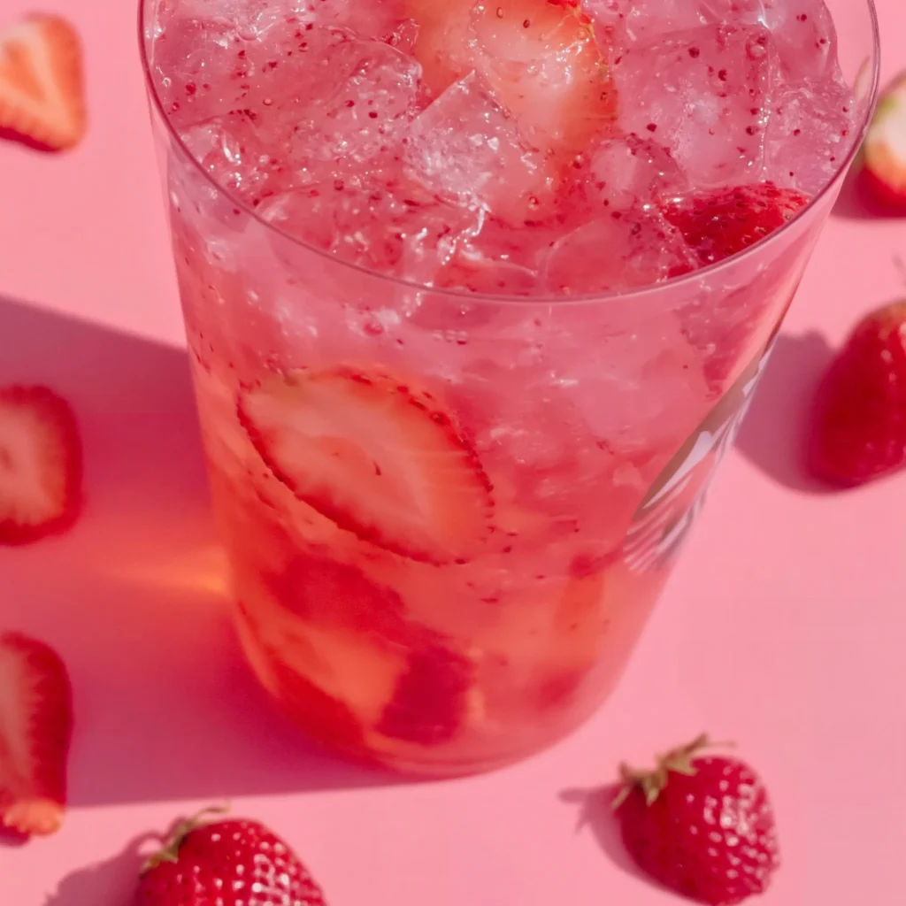 Strawberry Açaí Refresher drink in a glass with fresh strawberries