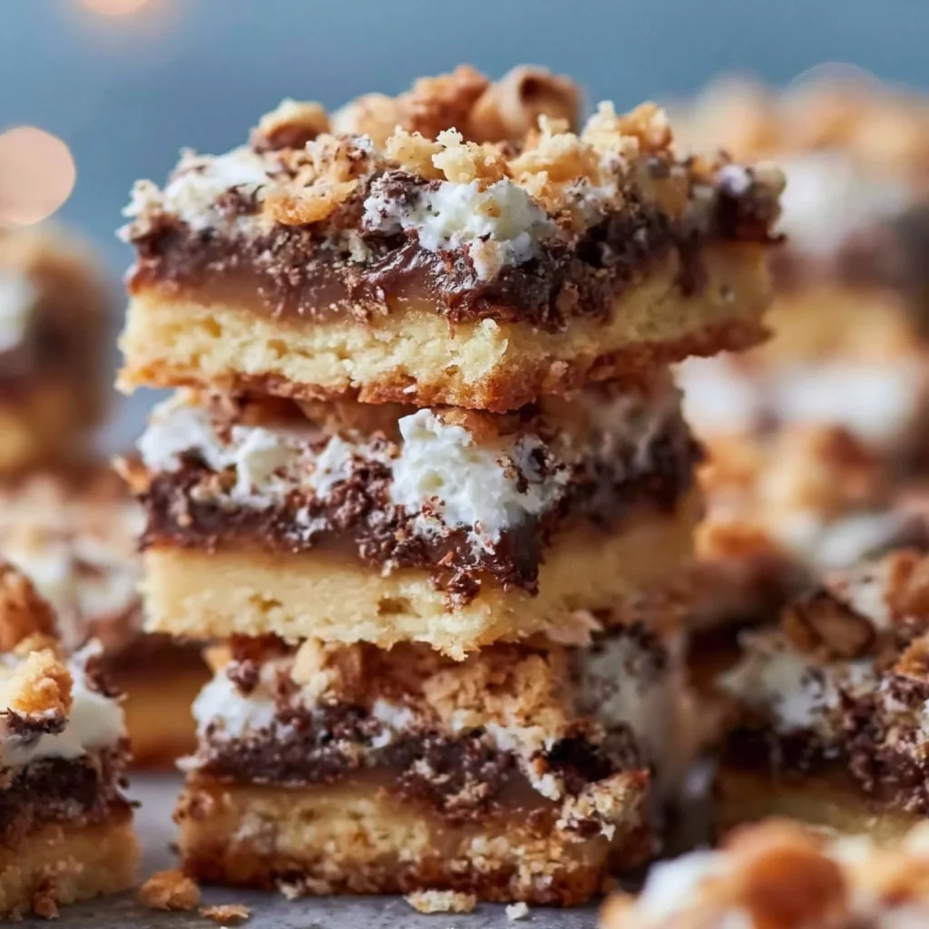Delicious 7-layer bars with chocolate, coconut, and nuts